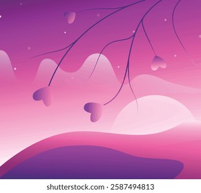 An abstract artistic depiction of a sunset or sunrise with a gradient of pink and purple hues, featuring flowing shapes and a central sun.