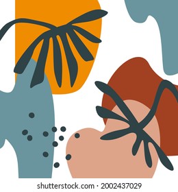 abstract artistic design square background with different shapes and floral foliage and plants elements in earthy color palette graphic, vector illustration
