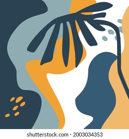 abstract artistic design square background with different shapes and floral foliage and plants elements in earthy color palette graphic, vector illustration