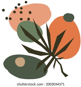 abstract artistic design square background with different shapes and floral foliage and plants elements in earthy color palette graphic, vector illustration