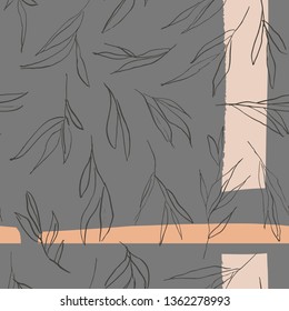 Abstract artistic expressive hand drawn seamless pattern. Elegant feminine floral leaves background. Stylish and modern wallpaper and textile design. Cute feminine contemporary apparel print.