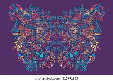 Abstract artistic flat floral ornament with waves, roses, cute leaves, vivid flowers as a butterfly silhouette on bright violet background. Vector hand drawn illustration texture yellow red blue teal