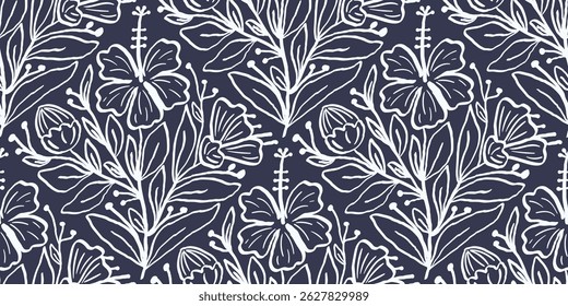 Abstract artistic Floral seamless pattern background vector. Blue botanical wallpaper with flower, foliage. Design for prints, cover, fabric, packaging, wall art, home decor.