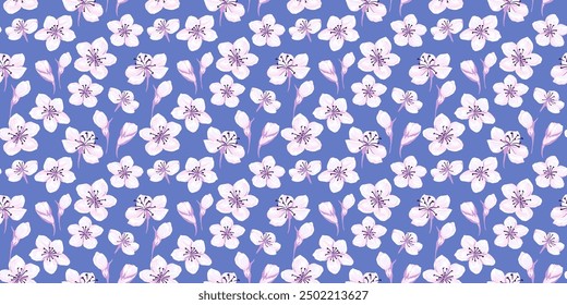 Abstrakte künstlerische Blumenmuster auf blauem Hintergrund. Vektorhandzeichnung. Ditsy winzige Blumen und kleine Knospen nahtlosen Druck. Designs Ornamente für Textilien, Stoff, Abdeckung