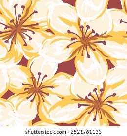 Abstract artistic florals seamless pattern. Blooming painted large flowers print. Vector hand drawn. Vintage yellow, orange botanicals ornament for designs, cover, fabric, textiles