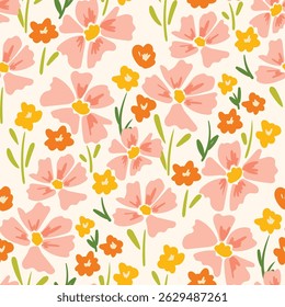 Abstract artistic florals seamless pattern background vector. Colorful botanical wallpaper with flower, foliage. Design for prints, cover, fabric, packaging, wall art, home decor.