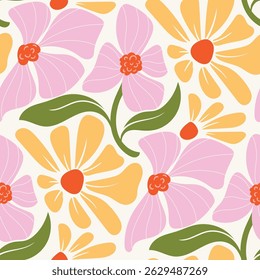 Abstract artistic florals seamless pattern background vector. Colorful botanical wallpaper with flower, foliage. Design for prints, cover, fabric, packaging, wall art, home decor.