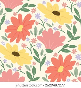 Abstract artistic florals seamless pattern background vector. Colorful botanical wallpaper with flower, foliage. Design for prints, cover, fabric, packaging, wall art, home decor.