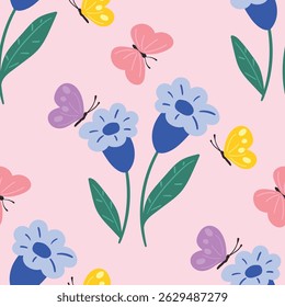 Abstract artistic florals seamless pattern background vector. Colorful botanical wallpaper with flower, foliage. Design for prints, cover, fabric, packaging, wall art, home decor.
