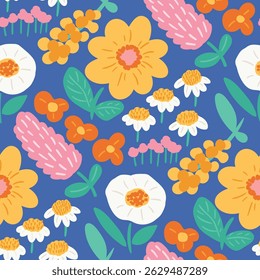 Abstract artistic florals seamless pattern background vector. Colorful botanical wallpaper with flower, foliage. Design for prints, cover, fabric, packaging, wall art, home decor.