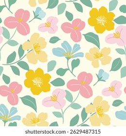 Abstract artistic florals seamless pattern background vector. Colorful botanical wallpaper with flower, foliage. Design for prints, cover, fabric, packaging, wall art, home decor.