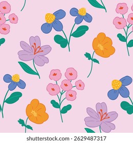 Abstract artistic florals seamless pattern background vector. Colorful botanical wallpaper with flower, foliage. Design for prints, cover, fabric, packaging, wall art, home decor.