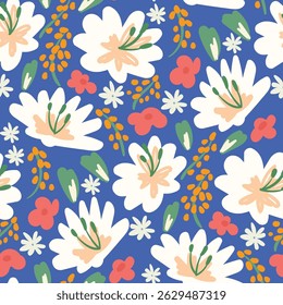 Abstract artistic florals seamless pattern background vector. Colorful botanical wallpaper with flower, foliage. Design for prints, cover, fabric, packaging, wall art, home decor.