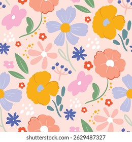 Abstract artistic florals seamless pattern background vector. Colorful botanical wallpaper with flower, foliage. Design for prints, cover, fabric, packaging, wall art, home decor.