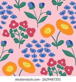 Abstract artistic florals seamless pattern background vector. Colorful botanical wallpaper with flower, foliage. Design for prints, cover, fabric, packaging, wall art, home decor.