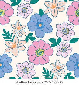 Abstract artistic florals seamless pattern background vector. Colorful botanical wallpaper with flower, foliage. Design for prints, cover, fabric, packaging, wall art, home decor.