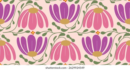 Abstract artistic Florals seamless pattern background vector. Colorful botanical wallpaper with flower, foliage. Design for prints, cover, fabric, packaging, wall art, home decor.