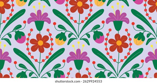 Abstract artistic Florals seamless pattern background vector. Colorful botanical wallpaper with flower, foliage. Design for prints, cover, fabric, packaging, wall art, home decor.