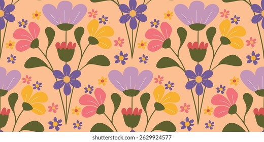 Abstract artistic Florals seamless pattern background vector. Colorful botanical wallpaper with flower, foliage. Design for prints, cover, fabric, packaging, wall art, home decor.