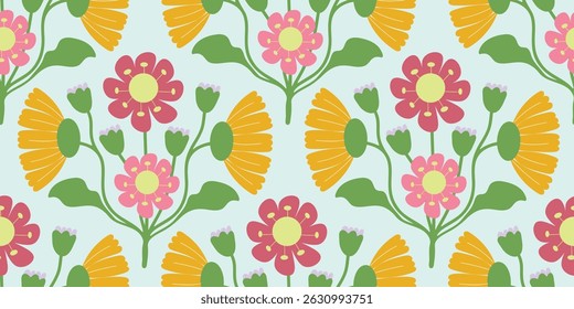 Abstract artistic Florals seamless pattern background vector. Colorful botanical wallpaper with flower, foliage. Design for prints, cover, fabric, packaging, wall art, home decor.