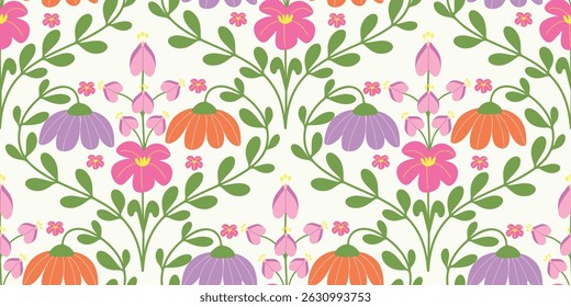 Vetor de fundo padrão sem emenda de Florais artísticos abstratos. Papel de parede botânico colorido com flor, folhagem. Design para estampas, capa, tecido, embalagem, arte de parede, decoração de casa.