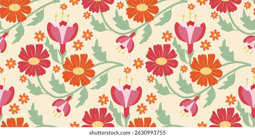 Abstract artistic Florals seamless pattern background vector. Colorful botanical wallpaper with flower, foliage. Design for prints, cover, fabric, packaging, wall art, home decor.