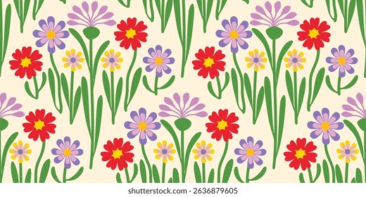 Abstract artistic Florals seamless pattern background vector. Colorful botanical wallpaper with flower, foliage. Design for prints, cover, fabric, packaging, wall art, home decor.