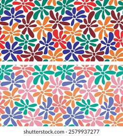 Abstract Artistic Flower Pattern - Repeating Botanical Design in Red, Green, Blue and Orange