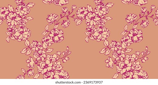 Abstract, artistic flowers intertwined in a seamless pattern. Flowers silhouettes, flowers shadow on a beige background.  Floral tapestry. Vector hand drawn. Design for textile, fashion, fabric