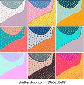 Abstract artistic geometric background in doodle style. Square backdrops in different color decisions for social media, cover, wallpaper, poster, web banner and other use. Big vector set.