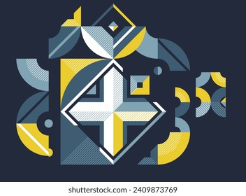Abstract artistic geometric vector background over dark, Bauhaus style wallpaper design, trendy retro art, Memphis style decoration.