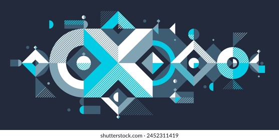 Abstractas fondo de Vector geométrico artístico sobre oscuro, diseño de Fondo de pantalla estilo Bauhaus, arte retro de moda, decoración estilo Memphis.