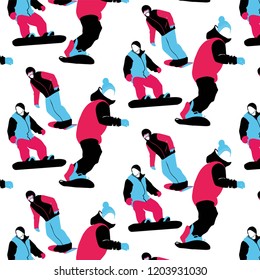 Abstract artistic graphic multicolor holiday winter seamless pattern young people on snowboards in vector. Winter sports illustration.