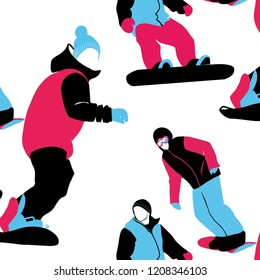 Abstract artistic graphic multicolor holiday winter seamless pattern young people on snowboards in vector. Winter sports illustration.