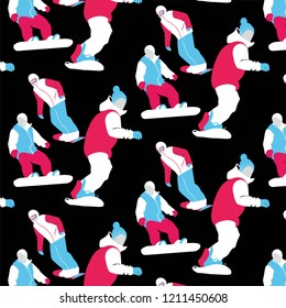 Abstract artistic graphic multicolor holiday winter seamless pattern young people on snowboards in vector. Winter sports illustration.