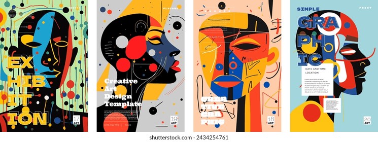 Abstract artistic graphic poster. Person color strange face portrait abstraction with creative shapes and inscription. Primitive minimal design print concept. Colorful inspiration exhibition art. Eps