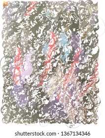 Abstract artistic gray background with color splashes, crimson, blue and violet spirals with the use of decorative elements in the style of hatching lines, dashes, curls