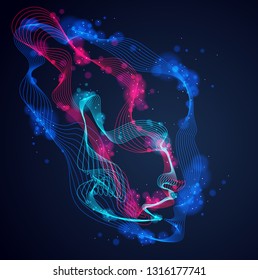 Abstract artistic human head portrait made of dotted particles array, vector illustration of Artificial Intelligence, software digital visual interface.