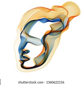 Abstract artistic human head portrait made of dotted particles array, vector illustration of Artificial Intelligence, software digital visual interface.