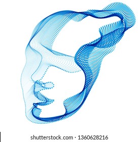 Abstract artistic human head portrait made of dotted particles array, vector illustration of Artificial Intelligence, software digital visual interface.