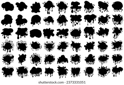 Abstract artistic ink splatter paint splatter, drops, dots, wet dye prints. Big set of black watercolor paint brush texture. Grunge water, spray drop spatter, blot splatters, silhouettes. Vector