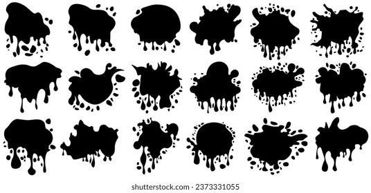 Abstract artistic ink splatter paint splatter, drops, dots, wet dye prints. Big set of black watercolor paint brush texture. Grunge water, spray drop spatter, blot splatters, silhouettes. Vector