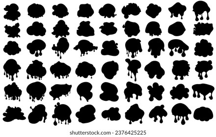 Abstract artistic ink splatter paint splatter, drops, dots, wet dye prints. Big set of black watercolor paint brush texture. Grunge water, spray drop spatter, blot splatters, silhouettes. Vector