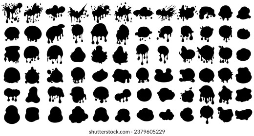 Abstract artistic ink splatter paint splatter, drops, dots, wet dye prints. Big set of black watercolor paint brush texture. Grunge water, spray drop spatter, blot splatters, silhouettes. Vector