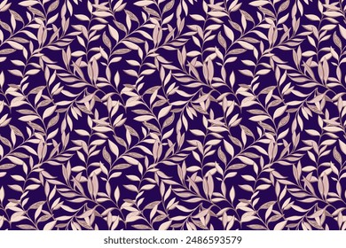 Abstract artistic jungle pattern with creative branches leaves. Pastel beige plants seamless print on a dark background. Vector hand drawing illustration. Designs for fabric, cover, textiles, fashion
