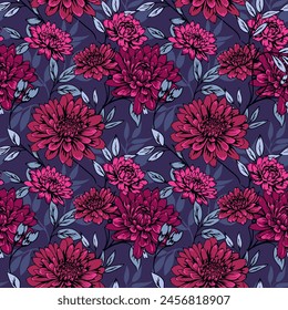 Abstract artistic large chrysanthemum dahlia peonies flowers and leaves seamless pattern on a dark background. Vector hand drawing. Blooming ornate floral meadow printing. Template for designs