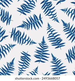 Abstract artistic leaves fern seamless pattern. Vector hand drawing. Stylized shapes blue plants print on a white background. Plain ornament for designs, textile, fabric, cover