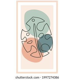 Abstract artistic modern vector illustrations with monstera leafe. Line art with geometric shapes for poster, social media, banners.