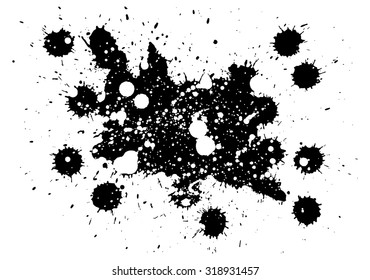 Abstract artistic paint splashes and blots in black and white, horizontal format.