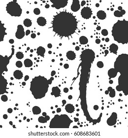Abstract artistic paint splashes and blots seamless pattern. Black and white hand drawn splash textured background. Design for print, fabrics, textile, wrapping paper, wallpaper. Vector illustration.